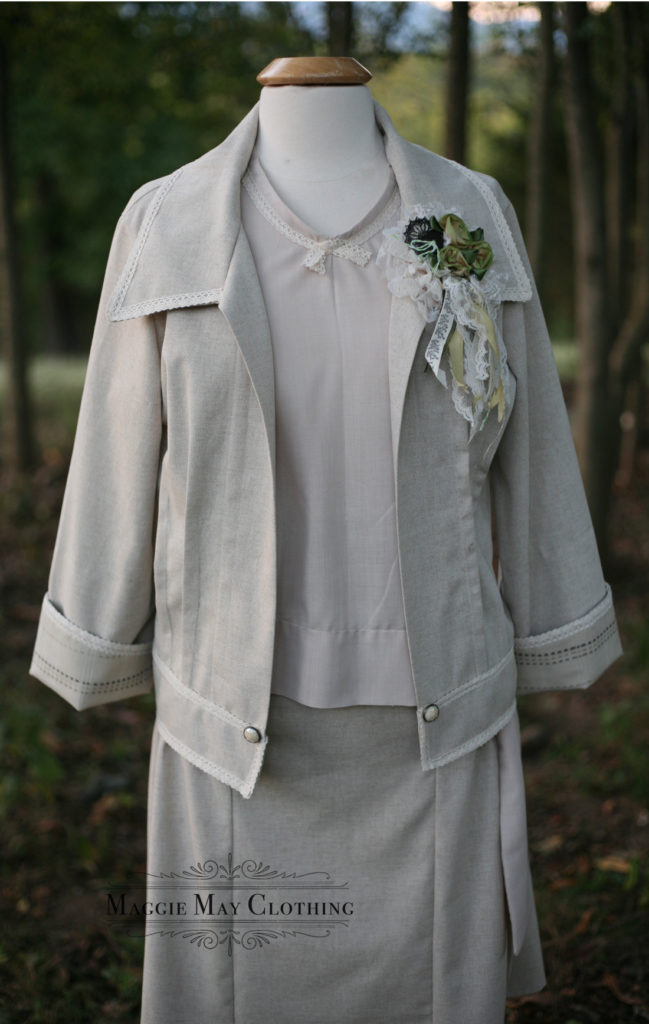 1920s women's linen suit with hand made brooch